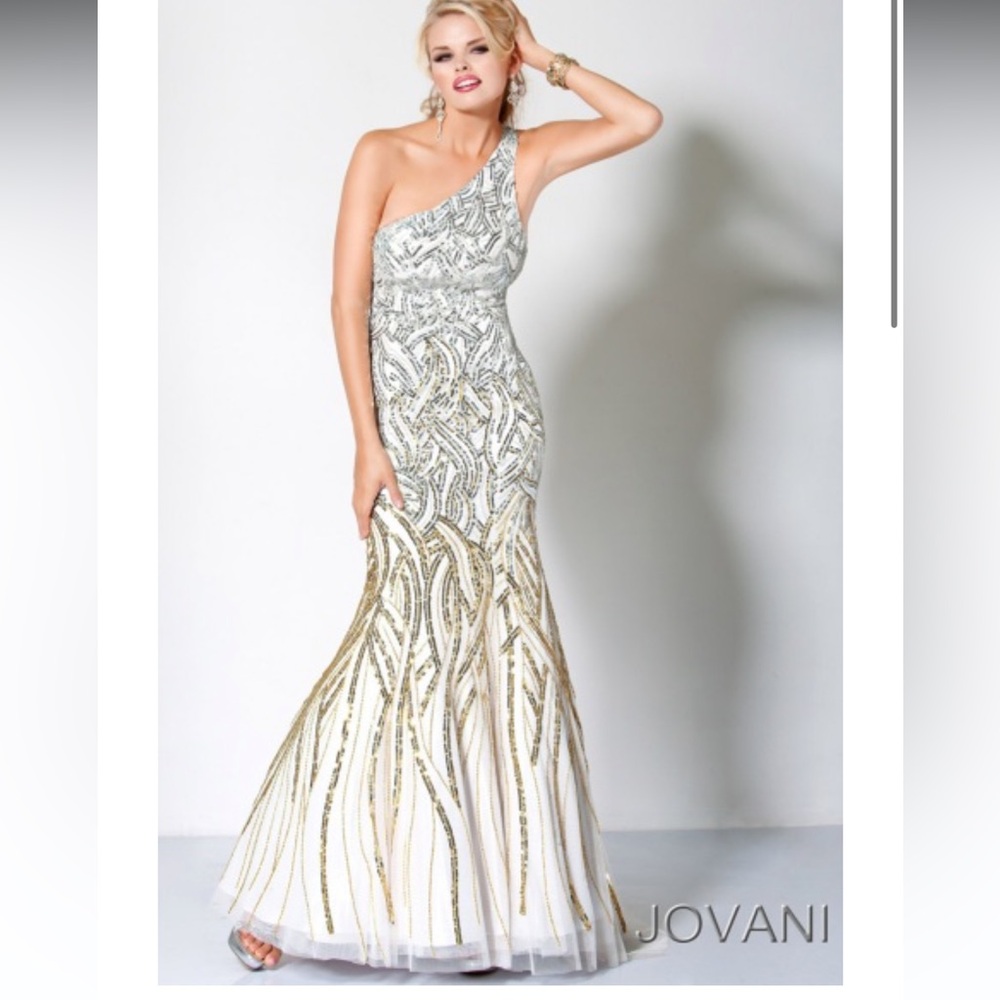 JOVANI WHITE EVENING DRESS WITH GOLD AND SILVER BEADING